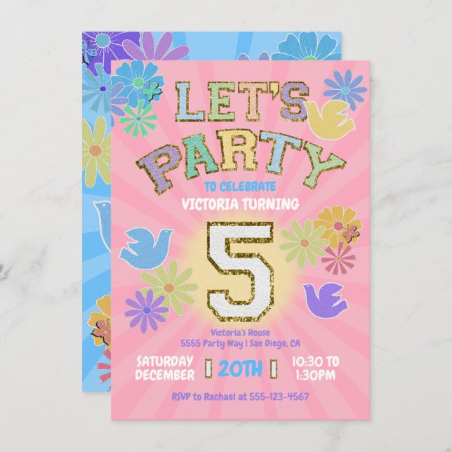 Patch Letter Birthday Party Retro Preppy Hippie Invitation (Front/Back)