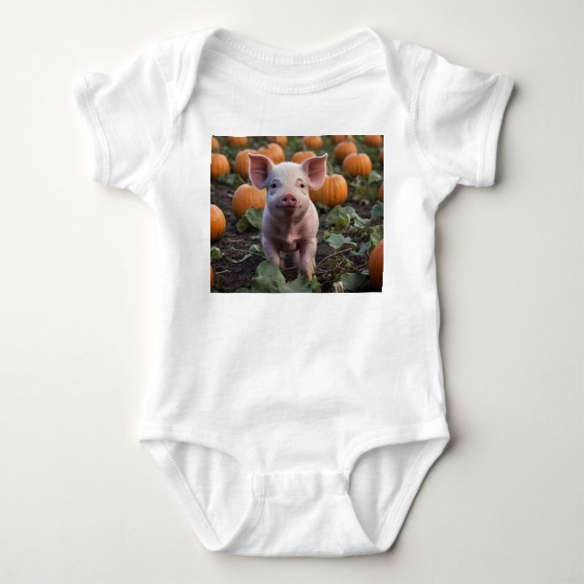 **"Patch of Joy: A Happy Baby Pig Among Pumpkins"* Bodysuit (Front)