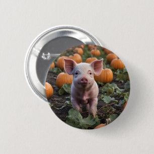 **"Patch of Joy: A Happy Baby Pig Among Pumpkins"* Button