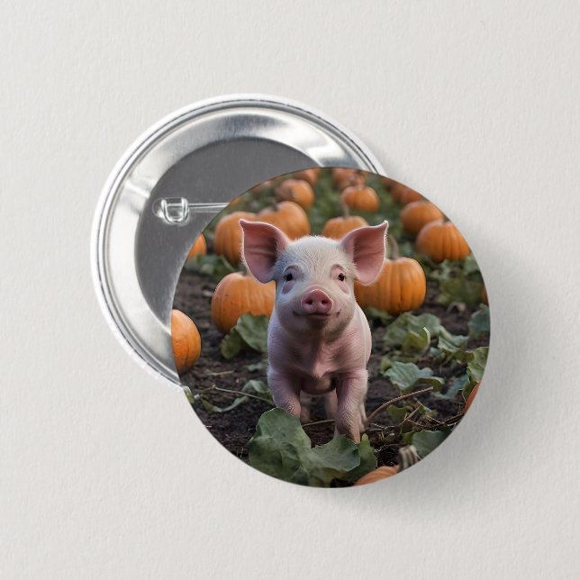 **"Patch of Joy: A Happy Baby Pig Among Pumpkins"* Button (Front & Back)