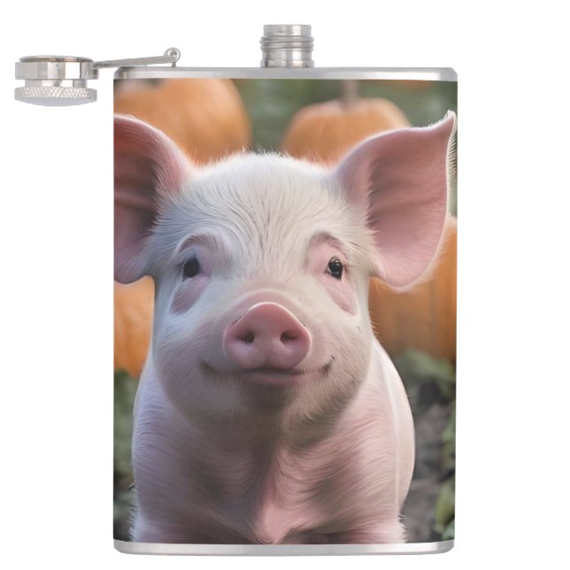 **"Patch of Joy: A Happy Baby Pig Among Pumpkins"* Flask (Opened)
