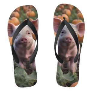 **"Patch of Joy: A Happy Baby Pig Among Pumpkins"* Flip Flops