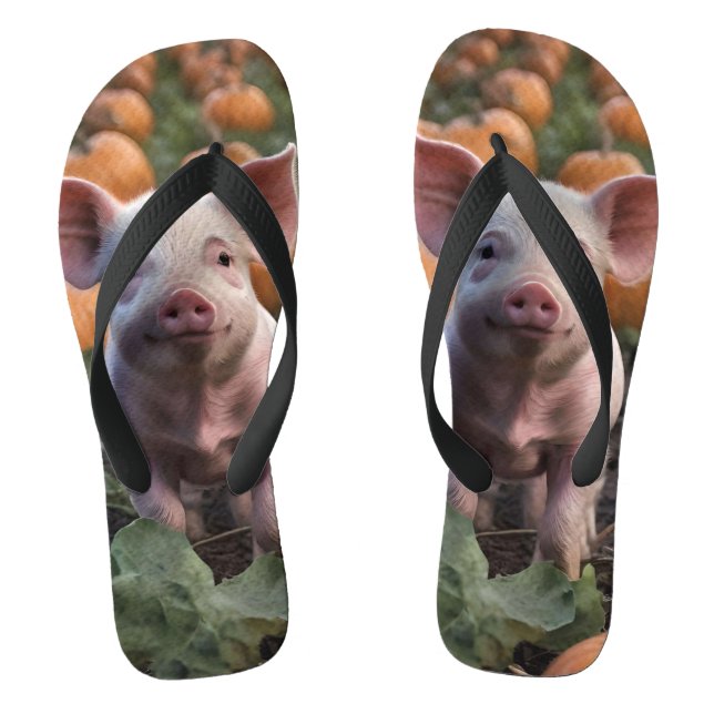 **"Patch of Joy: A Happy Baby Pig Among Pumpkins"* Flip Flops (Footbed)