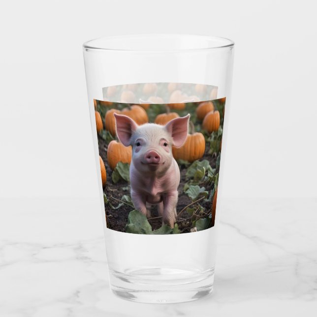 **"Patch of Joy: A Happy Baby Pig Among Pumpkins"* Glass (Front)