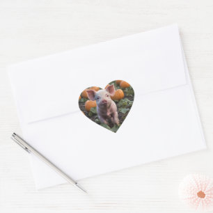 **"Patch of Joy: A Happy Baby Pig Among Pumpkins"* Heart Sticker
