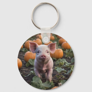 **"Patch of Joy: A Happy Baby Pig Among Pumpkins"* Keychain