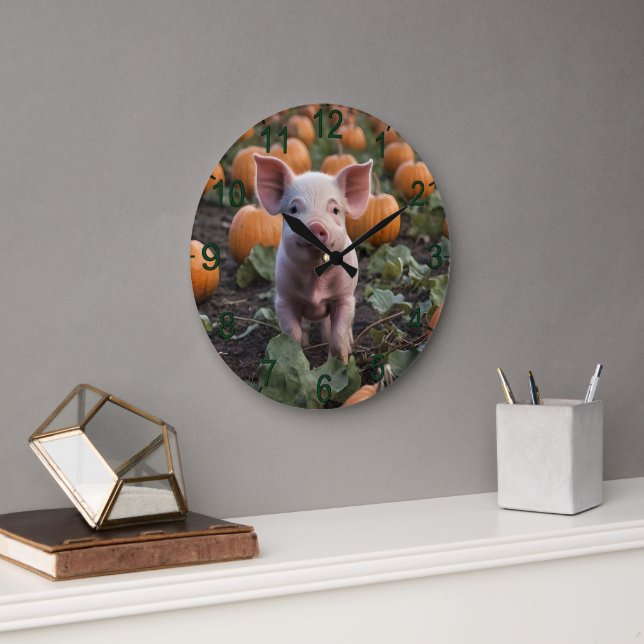**"Patch of Joy: A Happy Baby Pig Among Pumpkins"* Large Clock (Office)