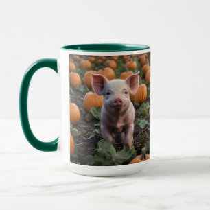 **"Patch of Joy: A Happy Baby Pig Among Pumpkins"* Mug