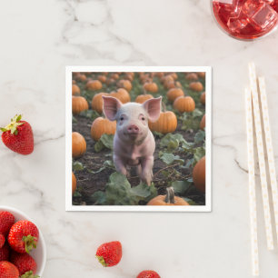 **"Patch of Joy: A Happy Baby Pig Among Pumpkins"* Napkins