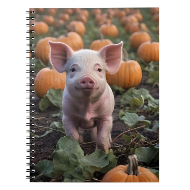 **"Patch of Joy: A Happy Baby Pig Among Pumpkins"* Notebook (Front)