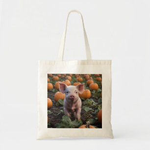 **"Patch of Joy: A Happy Baby Pig Among Pumpkins"* Tote Bag