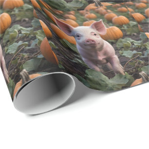 **"Patch of Joy: A Happy Baby Pig Among Pumpkins"* Wrapping Paper