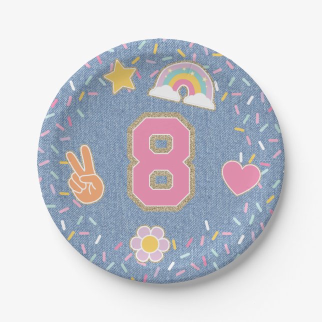 Patch Preppy Denim Jean Jacket 8th Birthday Paper Plates (Front)