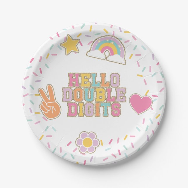 Patch Preppy Hello Double Digits 10th Birthday Paper Plates (Front)