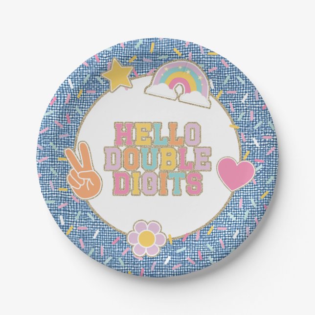 Patch Preppy Hello Double Digits 10th Birthday Paper Plates (Front)
