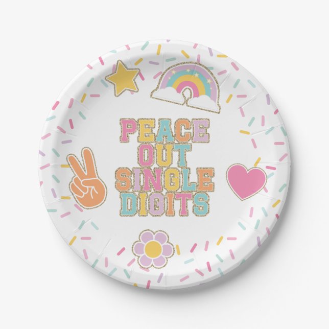 Patch Preppy Peace Out Single Digits 10th Birthday Paper Plates (Front)