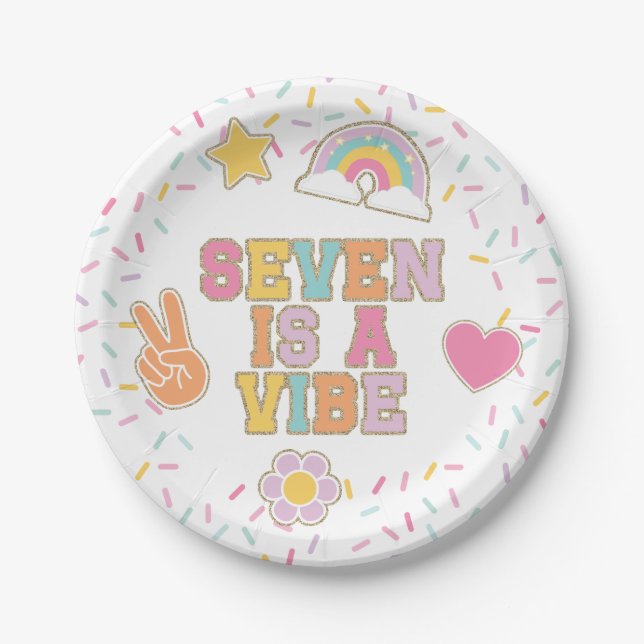 Patch Preppy Seven is a Vibe Birthday Paper Plates (Front)
