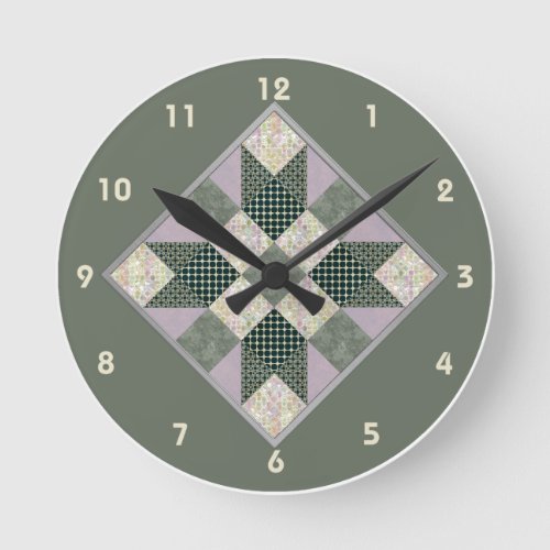 Patch Star Quilt Block in Lavender  Green Round Clock