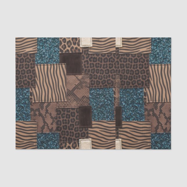 Patchwork African Animal Print | Brown & Teal Tissue Paper (Front)