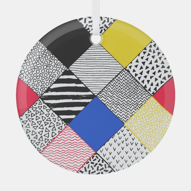 Patchwork background: birds, polka dots. glass ornament (Front)
