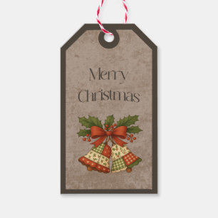 Patchwork Bells w Bow in Christmas Colors Gift Tag