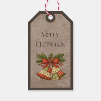 Patchwork Bells w Bow in Christmas Colors Gift Tag