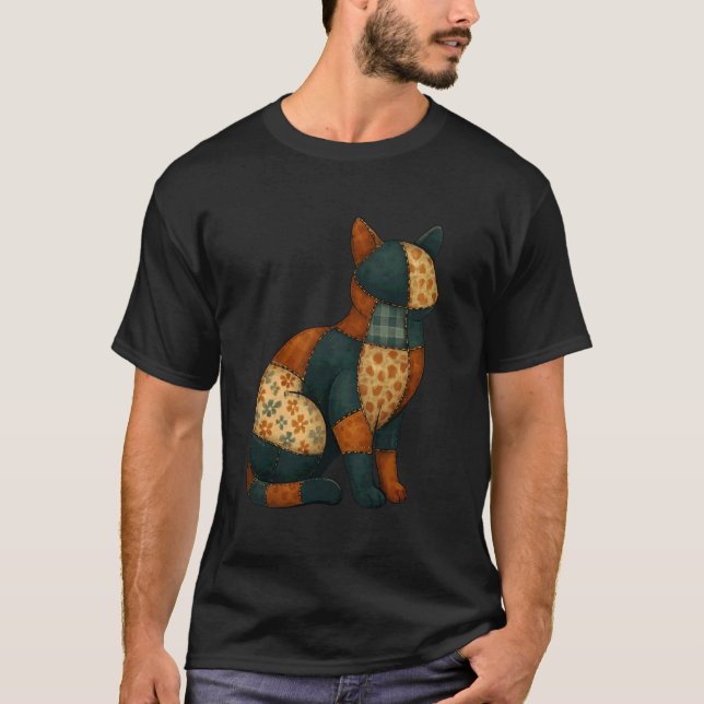 Patchwork Black Cat Halloween Quilt Pattern T-Shirt (Front)