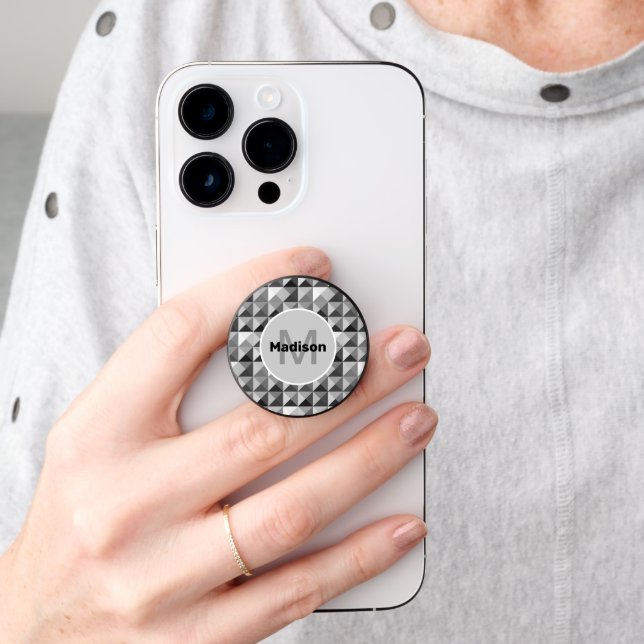 Patchwork black white geometric pattern Monogram PopSocket (Hand)