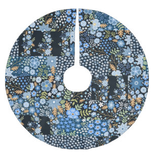 Patchwork Blue Flowers: Seamless Fabric. Brushed Polyester Tree Skirt