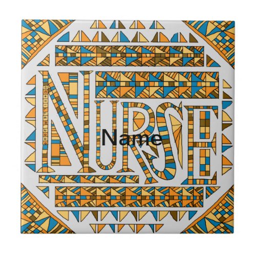 Patchwork Blue Gold Nurse custom name Ceramic Tile