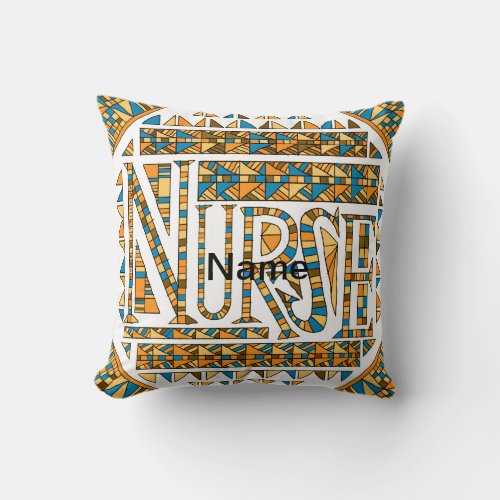 Patchwork Blue Gold Nurse custom name Throw Pillow