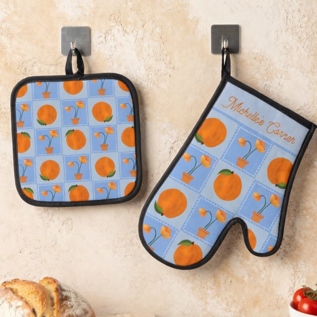 Patchwork Bright Peaches And Cheerful Flowers Oven Mitt & Pot Holder Set (Bake it cute. This illustrated oven mitt brings peaches, flowers, and your name into the kitchen.)