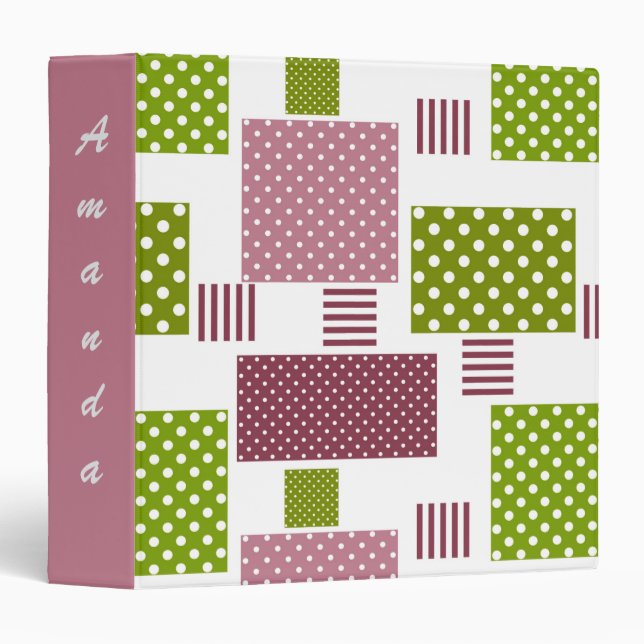 Patchwork brown green polka dots white back 3 ring binder (Front/Spine)