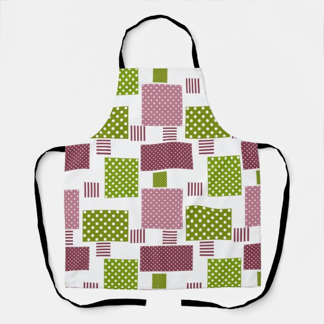 Patchwork brown green polka dots white back apron (Front)
