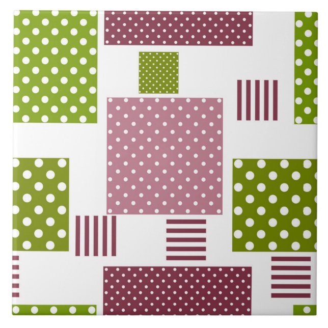 Patchwork brown green polka dots white back ceramic tile (Front)