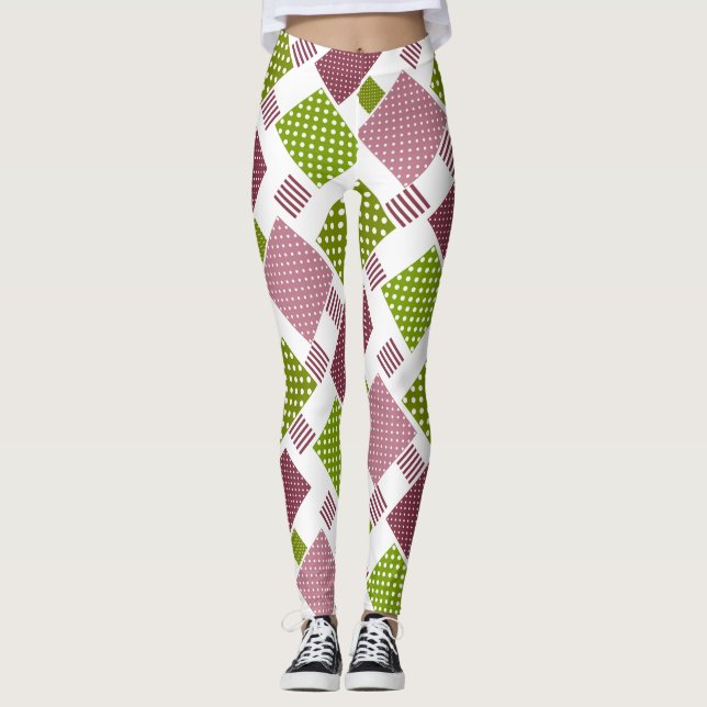 Patchwork brown green polka dots white back leggings (Front)