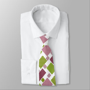 Patchwork brown green polka dots white back neck tie