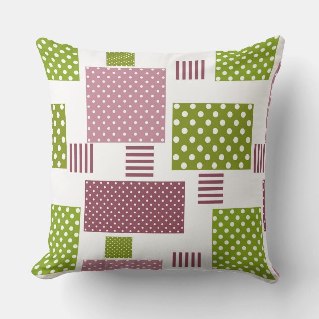 Patchwork brown green polka dots white back outdoor pillow (Front)