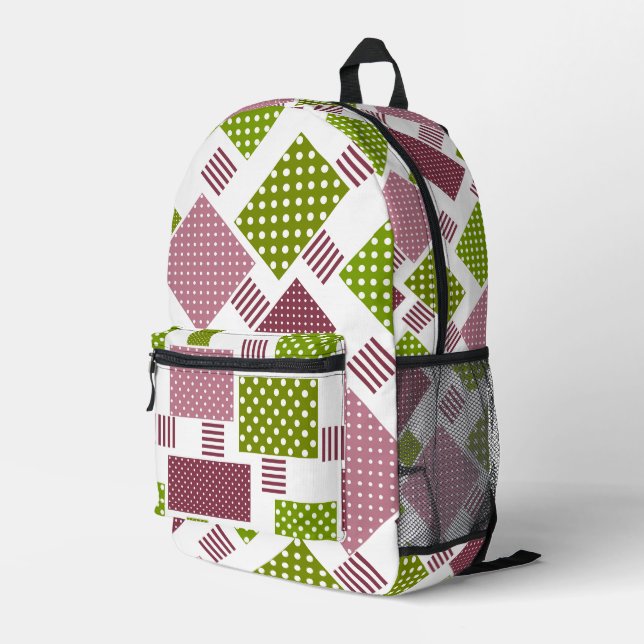 Patchwork brown green polka dots white back printed backpack (Back Corner Right)