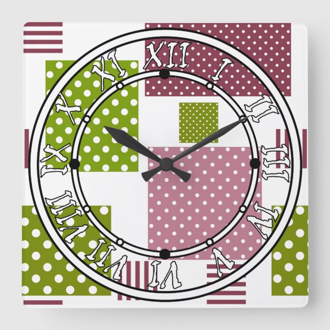 Patchwork brown green polka dots white back square wall clock (Front)