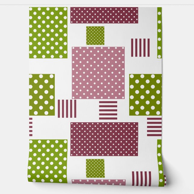 Patchwork brown green polka dots white back wallpaper  (Unrolling)