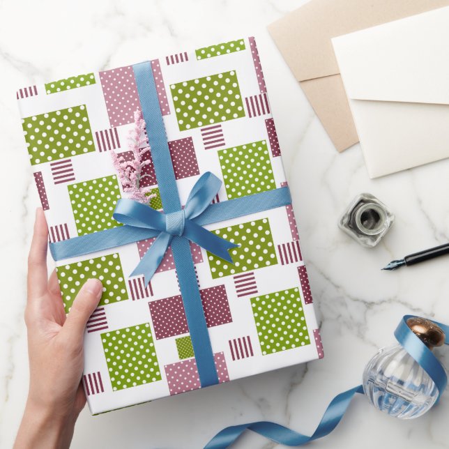Patchwork brown green polka dots white back wrapping paper (Gifting)