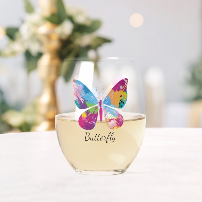 Patchwork Butterfly Design Stemless Wine Glass