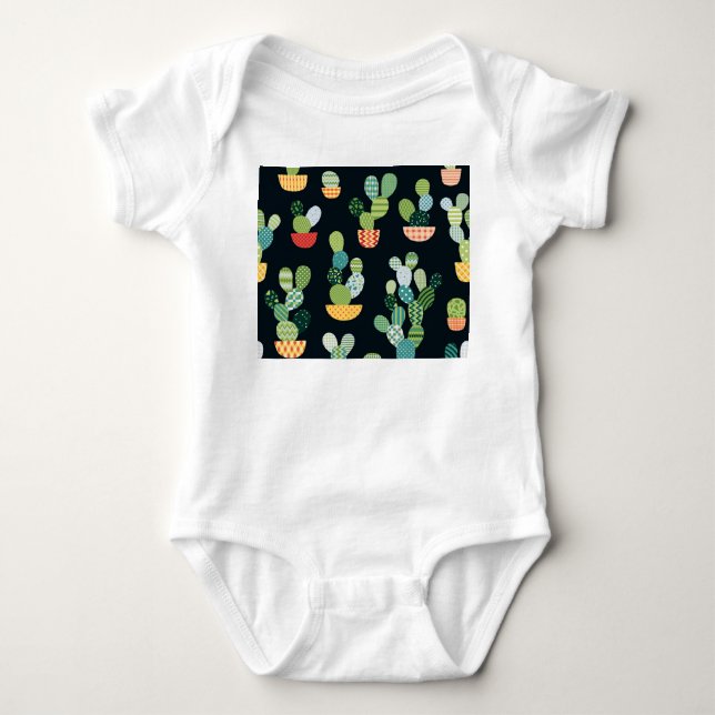Patchwork Cactus Plants Seamless Pattern Baby Bodysuit (Front)
