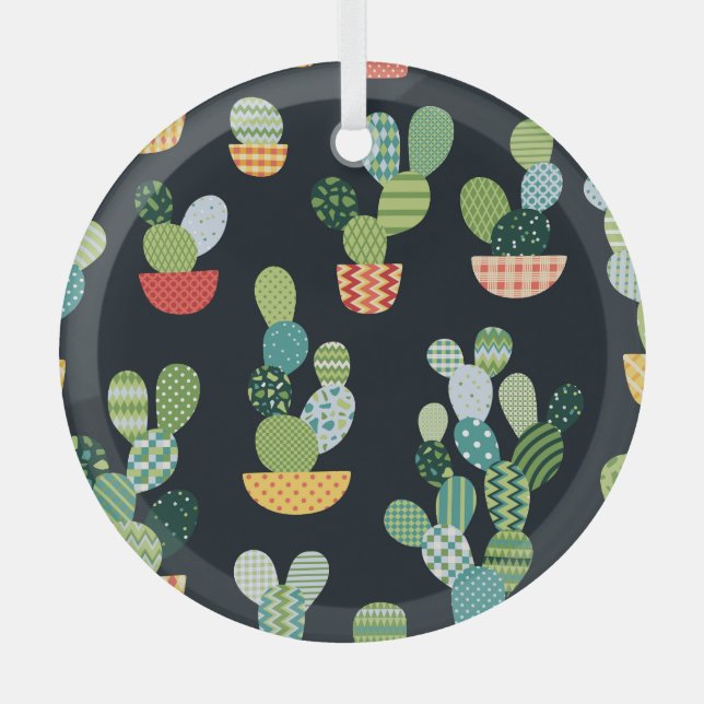 Patchwork Cactus Plants Seamless Pattern Glass Ornament (Front)