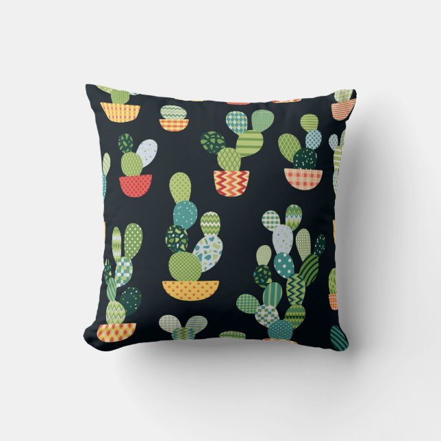Patchwork Cactus Plants Seamless Pattern Throw Pillow (Front)