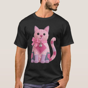 Patchwork Cat Pink Ribbon Breast Cancer Awareness T-Shirt