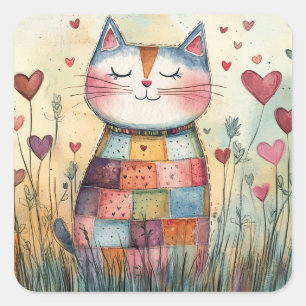Patchwork Cat Valentine Square Sticker