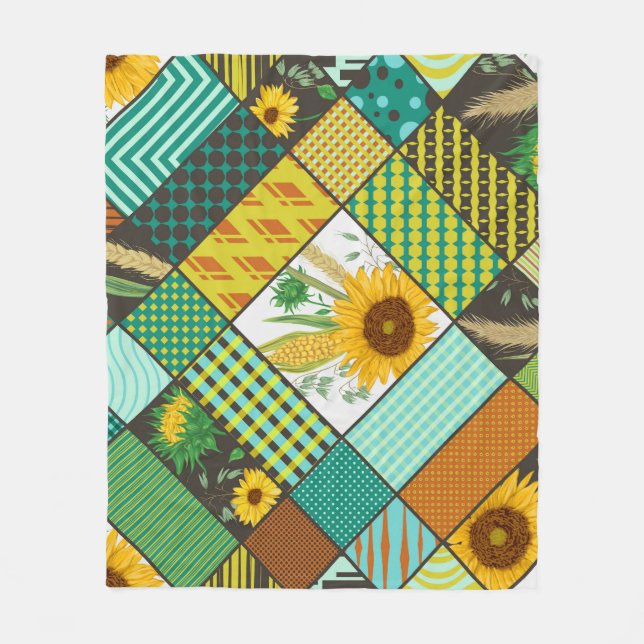 Patchwork cereals, sunflowers, geometric pattern. fleece blanket (Front)