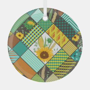 Patchwork cereals, sunflowers, geometric pattern. glass ornament